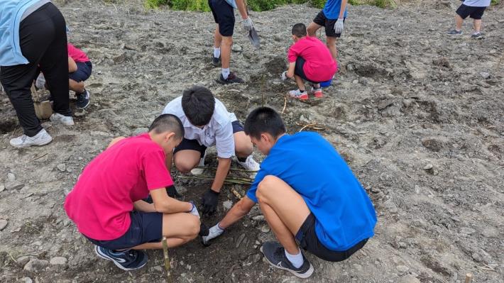 宜中學生3人合力挖出可放下開卡蘆的土坑。