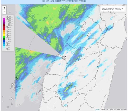 南屯降雨雷達顯示，部分區域累積雨量達15至40毫米。三河分署提醒民眾注意短時強降雨，外出請攜帶雨具並留意行車安全