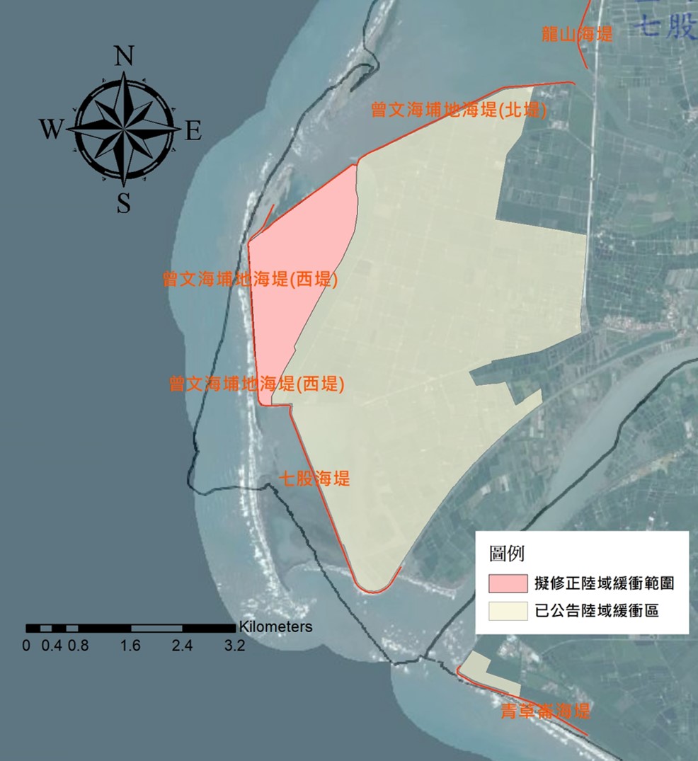 圖1 手冊修正暴潮溢淹潛勢劃設方式後預計大幅縮減公告緩衝區範圍 圖1 手冊修正暴潮溢淹潛勢劃設方式後預計大幅縮減公告緩衝區範圍