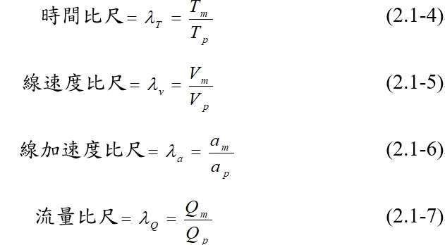 時間比尺(2.1-4) 、線速度比尺(2.1-5)、線加速度比尺(2.1-6)、流量比尺(2.1-7)