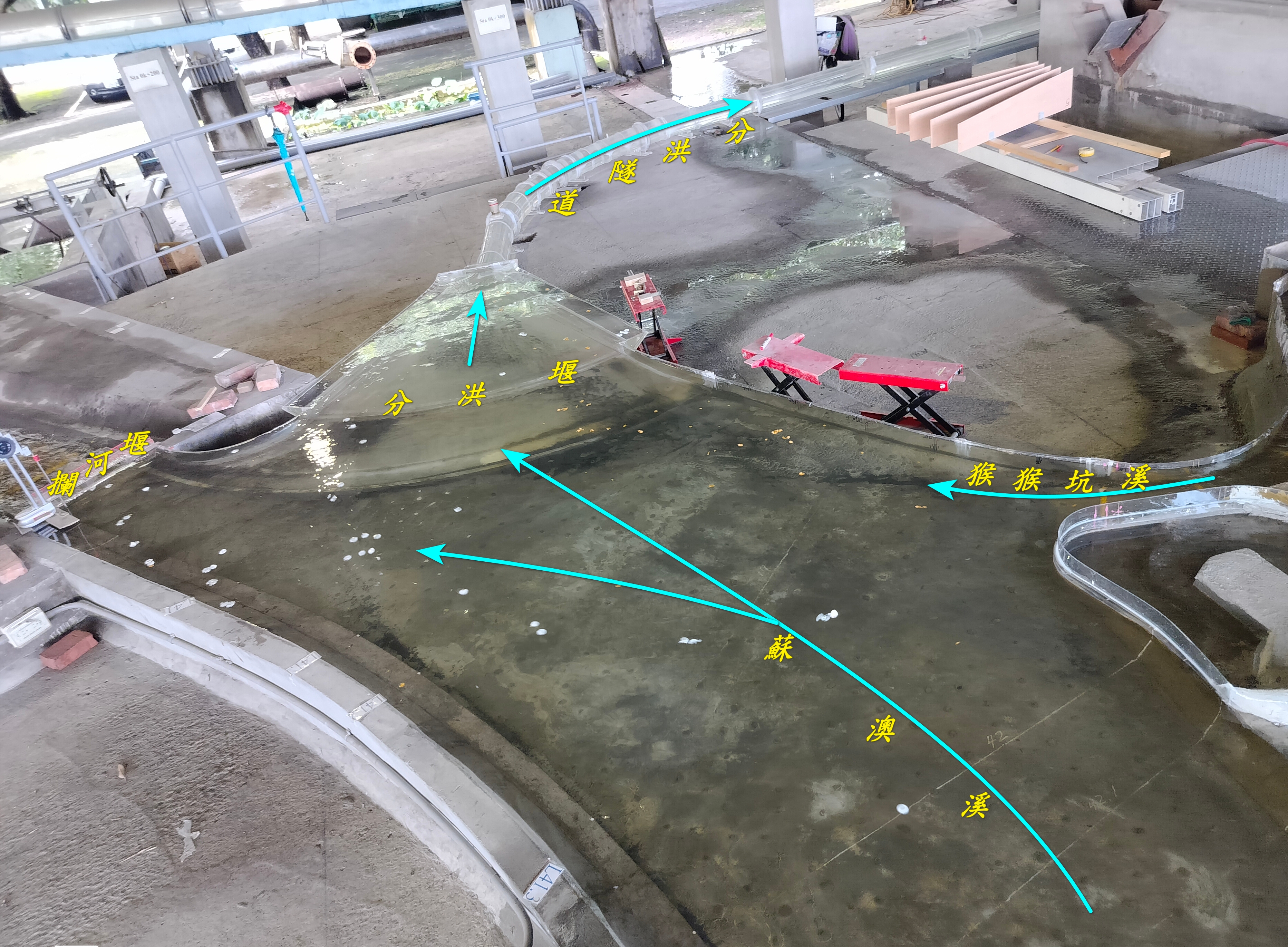 圖2 分洪堰入口段及攔河堰上游清水試驗流況
