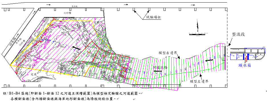 圖2 濁水溪河口段動床模型布置(水平比1_300，垂直比1_50)