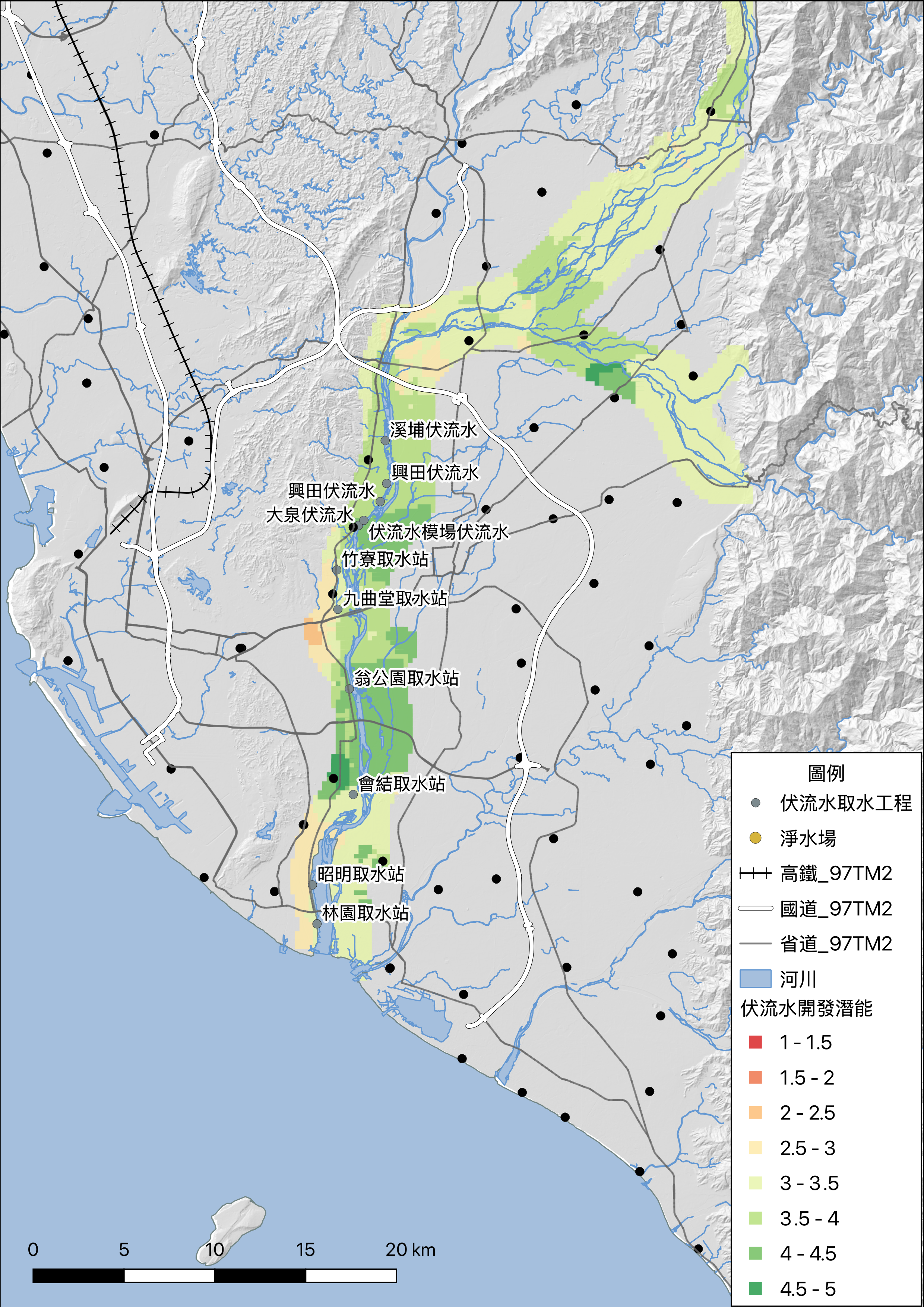 圖2 屏東平原伏流水潛勢區分布圖