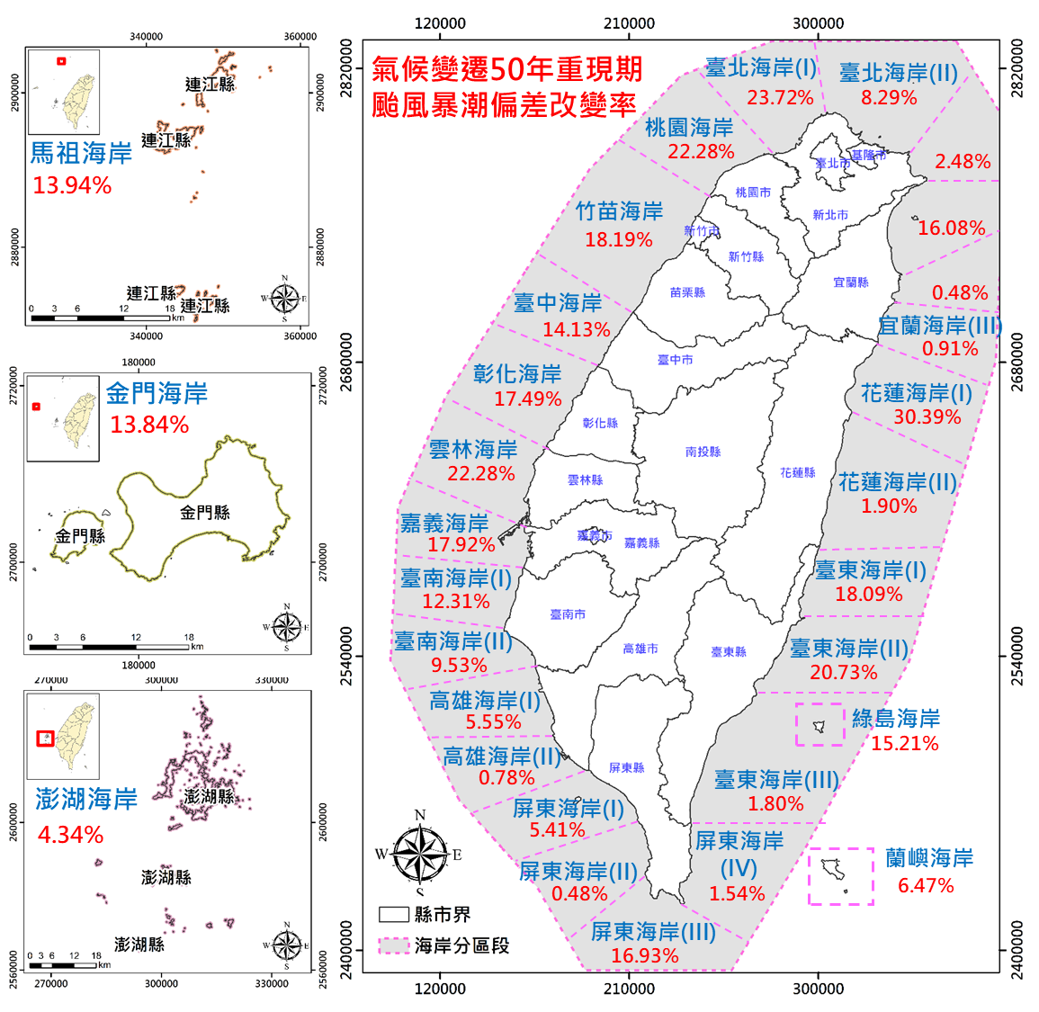 圖6 氣候變遷情境下各區50年重現期暴潮偏差改變率