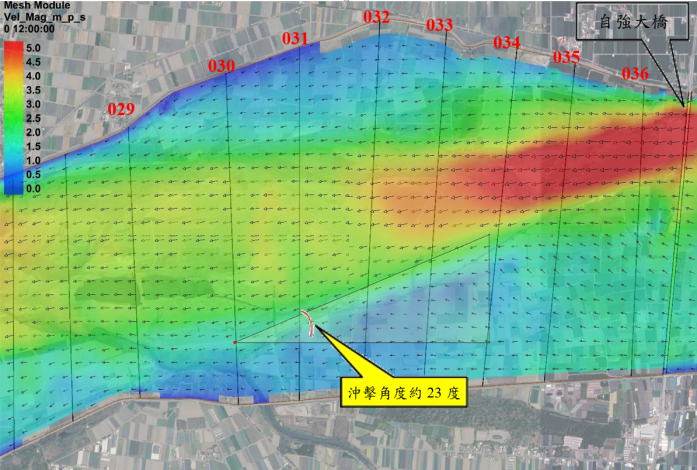 濁水溪自強大橋下游100年重現期流量模擬流速場分布圖