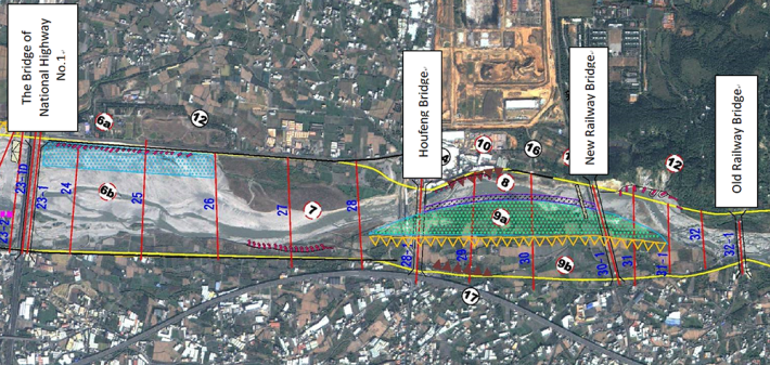 Figure.1 Map of physical model of the Dajia River in the reach between the Old Railway Bridge and the National Expressway No.1 Bridge in 2011