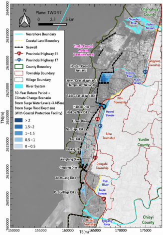 Figure 1. Distribution of Storm-Surge Inundation Depth for a 50-Year Return Period under a Climate Change Scenario (Yunlin as an Example; Not an Actual O