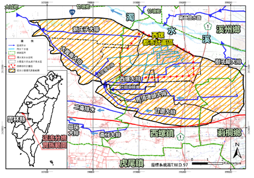 圖1-大義崙大排集水區逕流分擔實施公告範圍