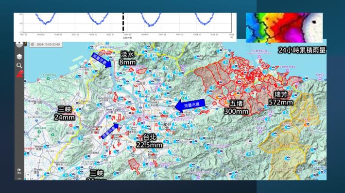 圖3-113年10月3日山陀兒颱風降雨分布及河口潮位變化