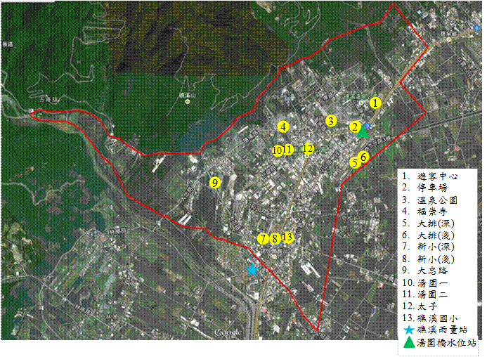 圖1 礁溪溫泉區範圍及監測井分佈