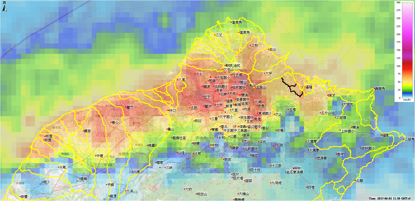 圖1雷達觀測降雨空間分布2017-06-02豪雨事件