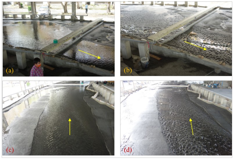 圖5  模型試驗照片：(a)西濱大橋水理流況；(b)試驗後西濱大橋附近底床；(c)西濱大橋上游水理流況；(d) 試驗後西濱大橋上游底床。_圖示