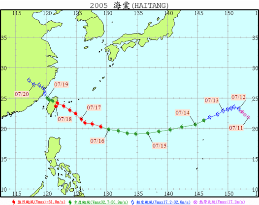 海棠颱風路逕圖,資料來源:中央氣象局