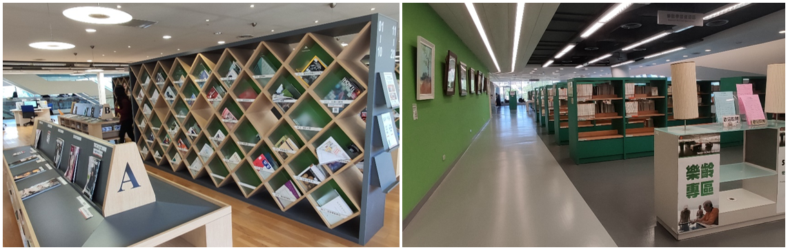 4-三樓有特殊造型的雜誌架(左)以及專為55歲以上的讀者保留的舒適閱讀空間(右)
