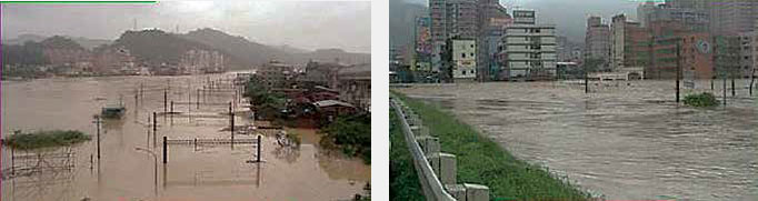 民國89年象神颱風基隆河淹水景象：五堵火車站（左），汐止江北橋（右）