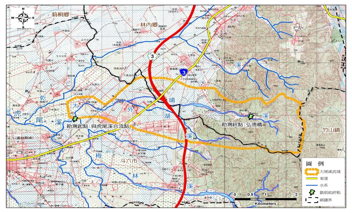 北港溪水系支流大埔溪（自虎尾溪合流點至行德橋）勘測計畫範圍圖