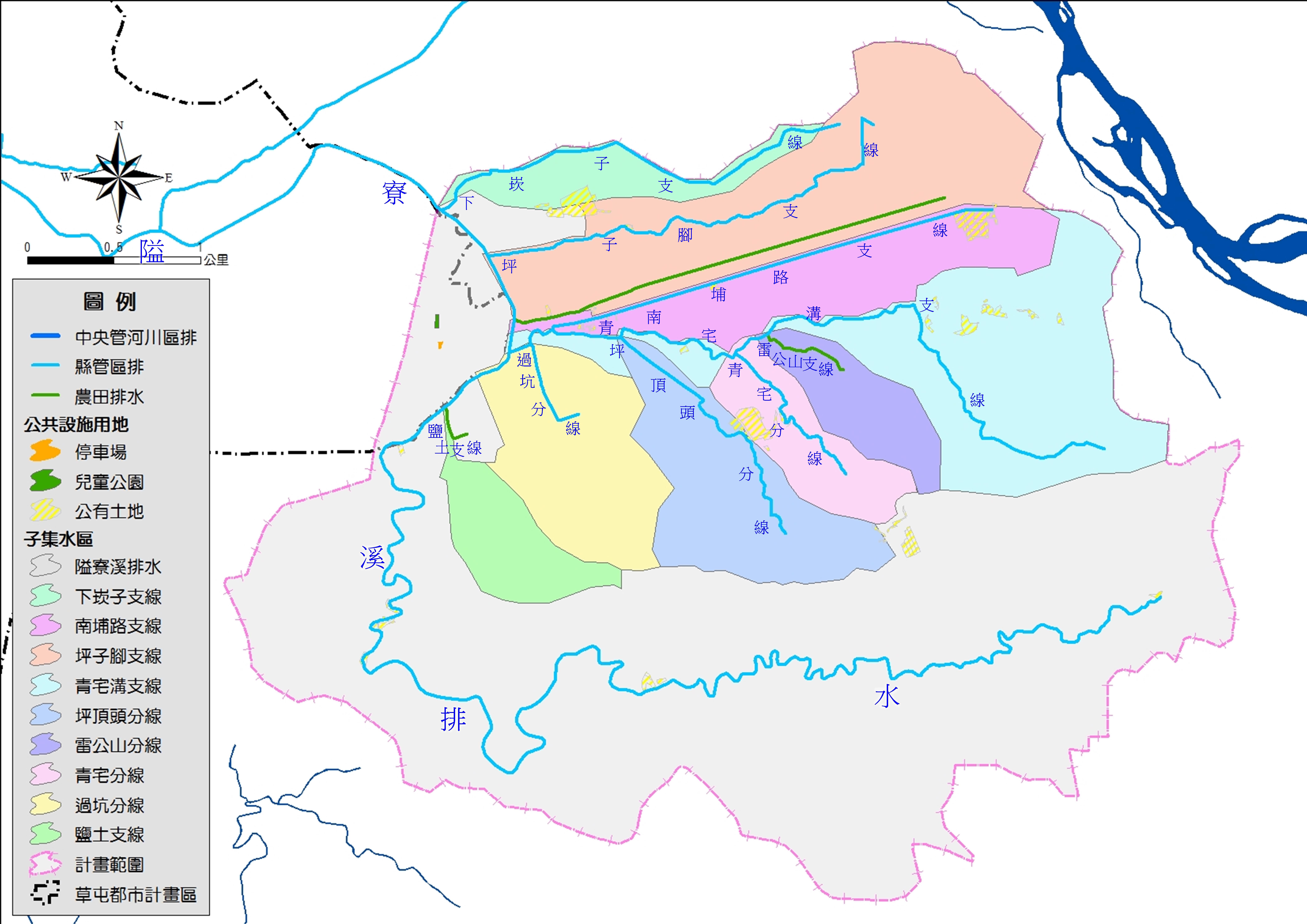 圖三計畫區各子集水區逕流分擔土地位置圖