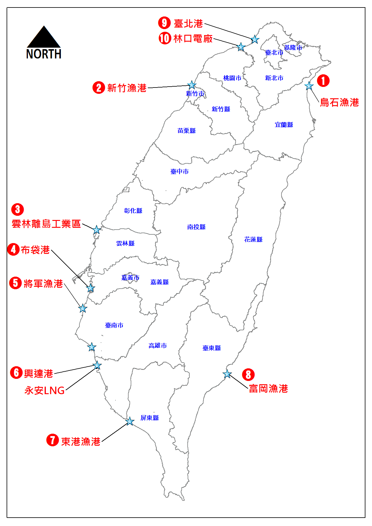 Figure.1 10 places of coastal erosion according to the behavior of coastal zoom development in Taiwan are selected to analysis.